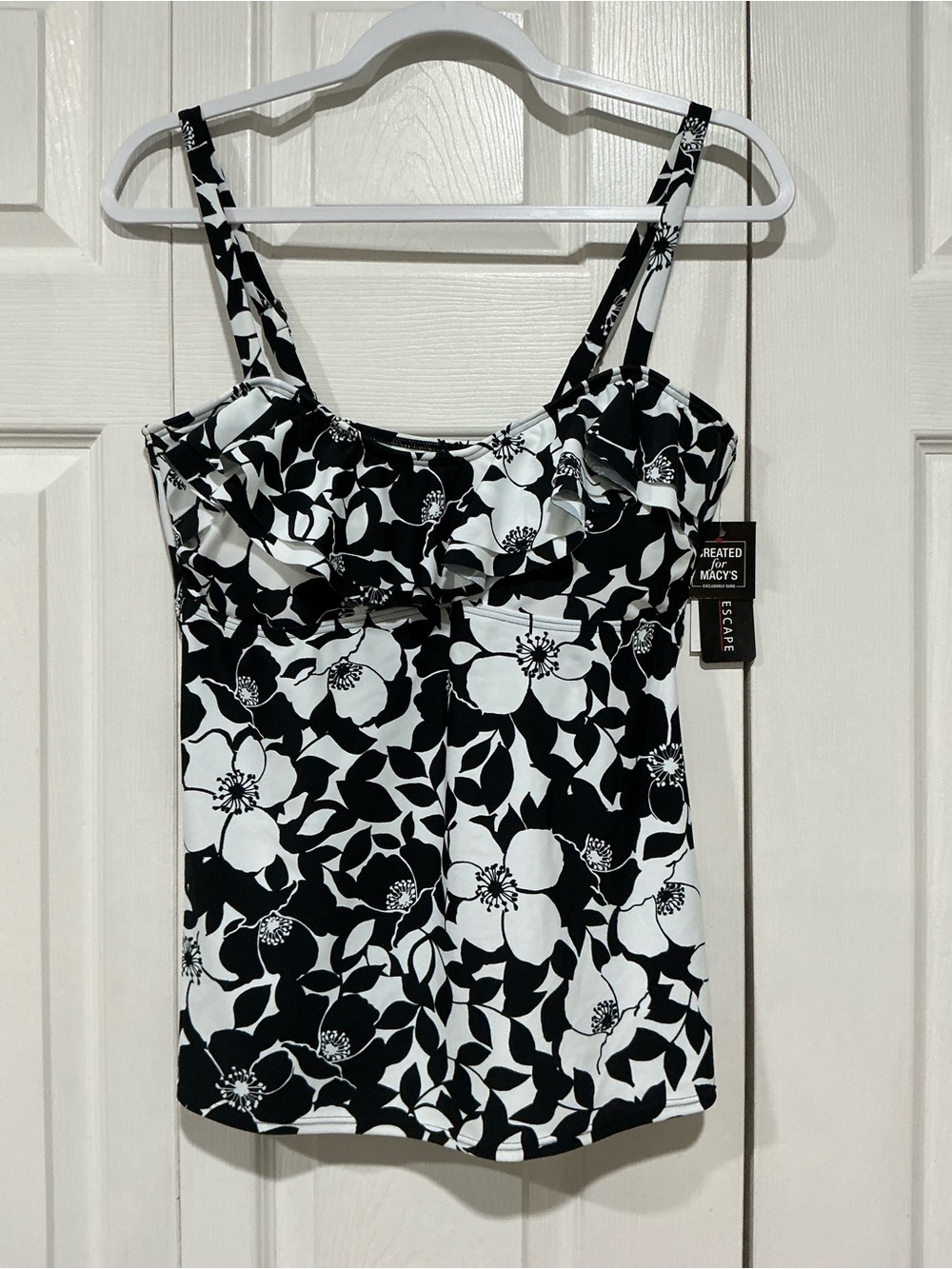 💙 NWT Island Escape Black White Ruffle Tankini Top - 14 (01419)